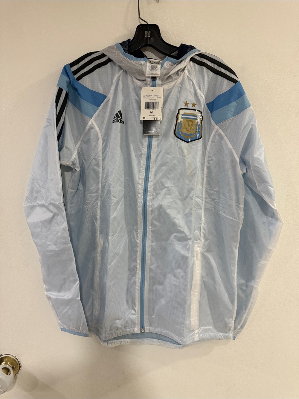 adidas Light Blue Argentina Hooded Rain Jacket with Navy Accents